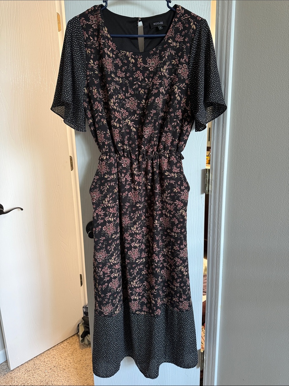 Roolee Black Midi Dress with Pink Floral Print